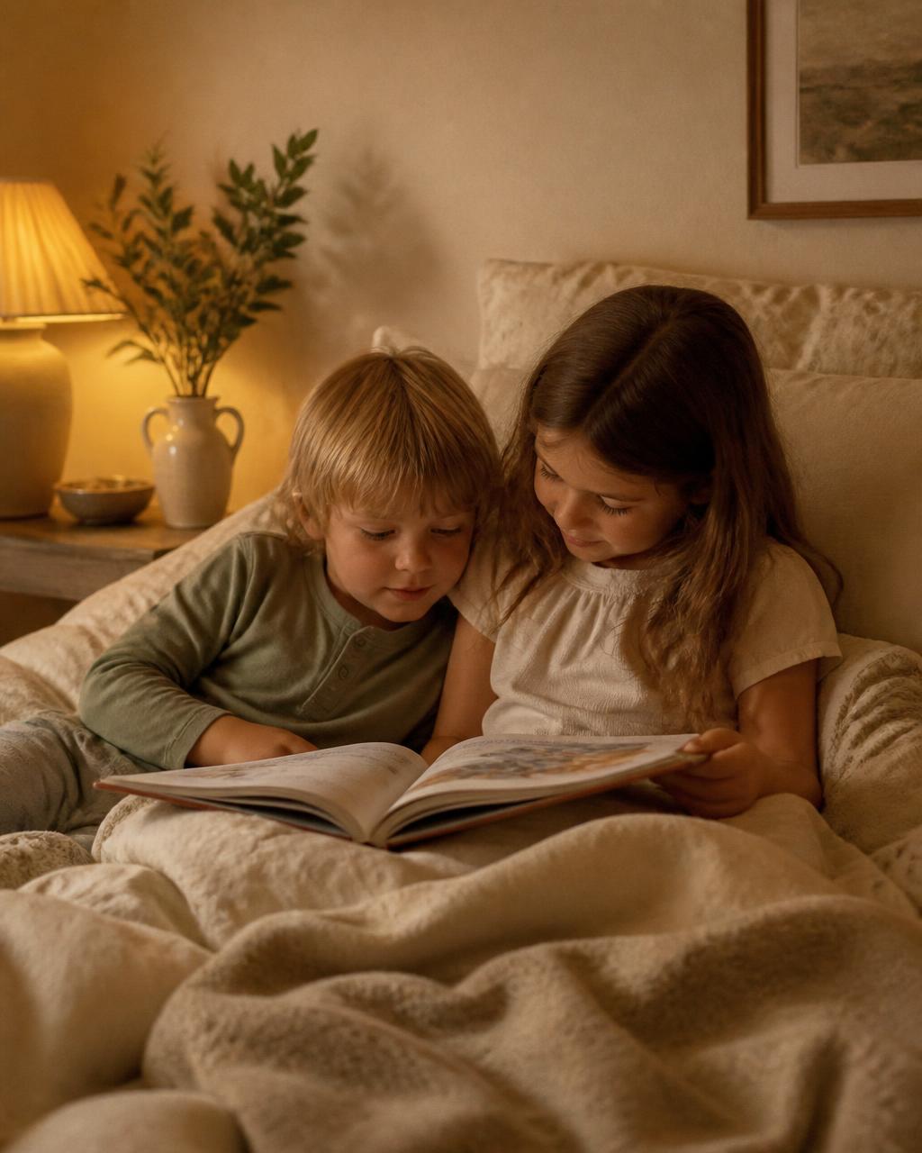 Two children reading a picture book together at bedtime