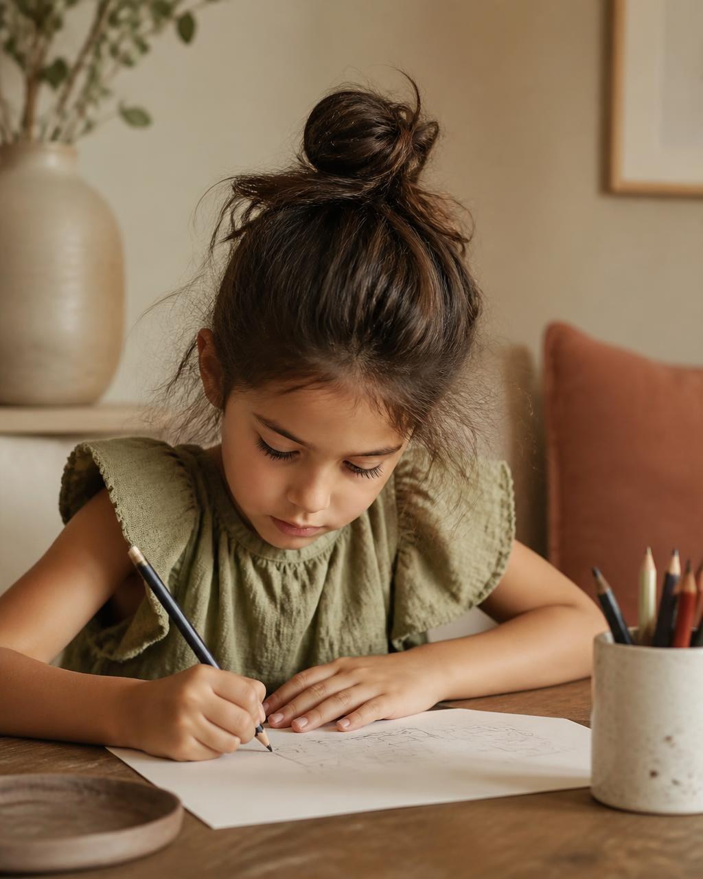 A child drawing with focused concentration at a wooden table