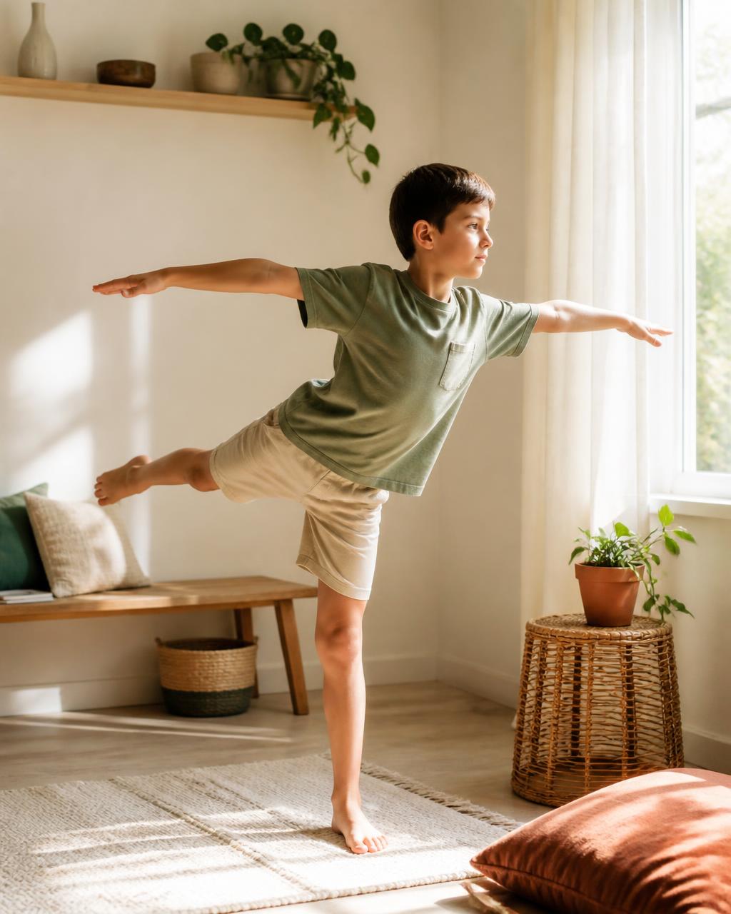 A child balancing barefoot on a rug in morning light